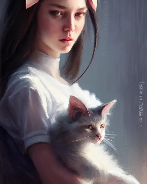 Image similar to a potrait of a girl with small cat ears, fine details. night setting. realistic shaded lighting poster by craig mullism, artgerm, jeremy lipkin and michael garmash, unreal engine, radiant light, detailed and intricate environment, digital art, trending on art station