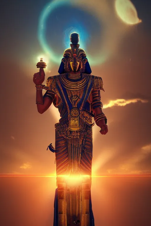 Image similar to the god horus invoking the energies of the sun, thelema, atmospheric, wide perspective, dramatic lights, micro details, grand composition, cinematic look, detailed, humidity, dust particles, photo real, ultra detailed, 8 k render, hyperrealistic octane render trending on artstation