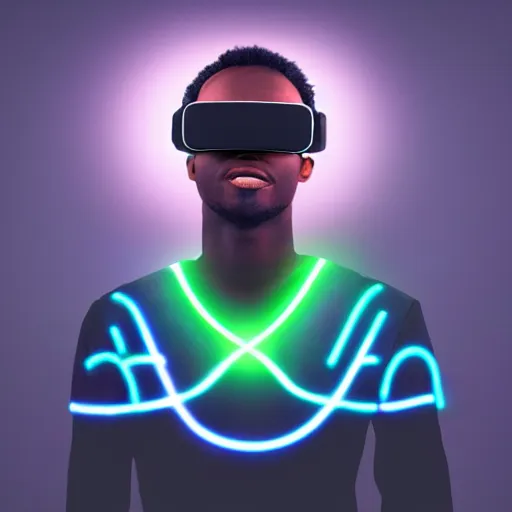 Prompt: dark skinned man wearing futuristic vr headset neon lights ambient light unity game ultra - realistic