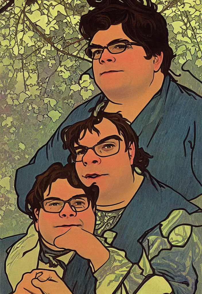 Prompt: yann lecun as shrek, in art style by alphonse mucha