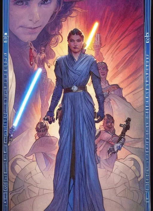 Image similar to movie poster by iain mccaig and magali villeneuve and drew struzan and alphonse mucha, a very beautiful!!!! woman jedi master, highly detailed. star wars original trilogy, she is about 2 0 years old, wearing jedi robes.