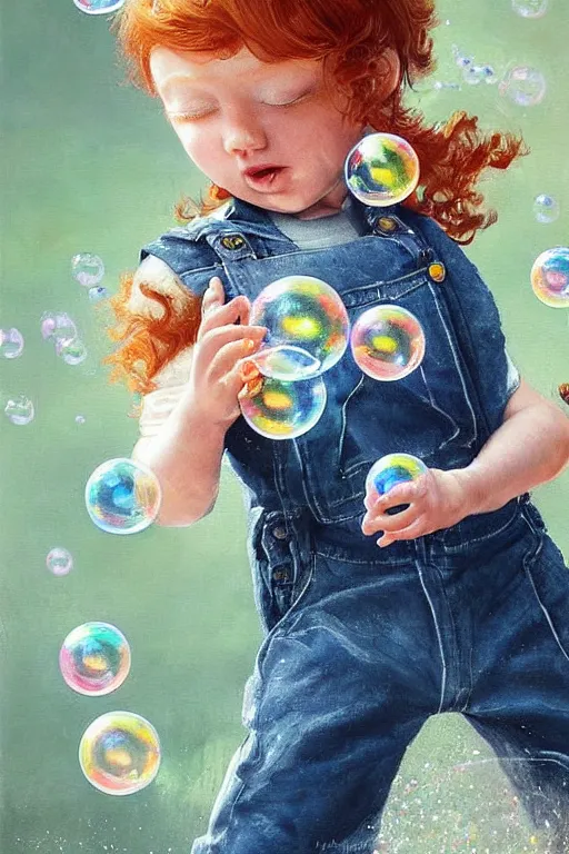 Prompt: a little boy with very short ginger hair wearing denim overalls chasing bubbles. clean elegant painting, beautiful detailed face, lots of bubbles. by artgerm and greg rutkowski