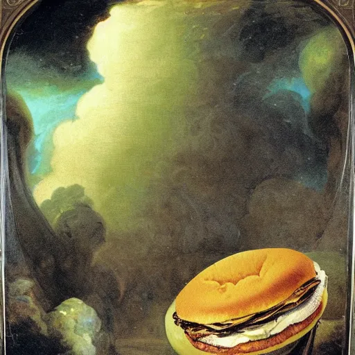 Prompt: godly grainy intricate galaxy pentagon javanese cat margarine hamburger waterfalls , by Francisco Goya and Greg Rutkowski and Judson Huss , An American propaganda , NFT , black velvet painting