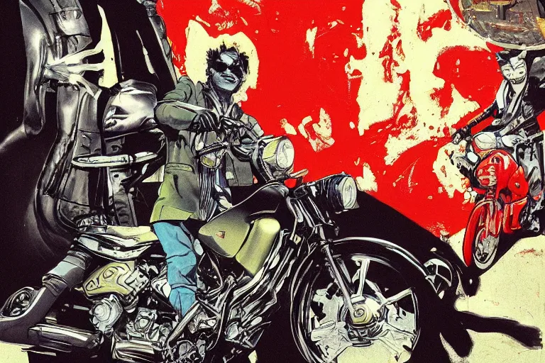 Image similar to 'pizza the hut', akira's motorcycle, gorillaz, poster, high quality