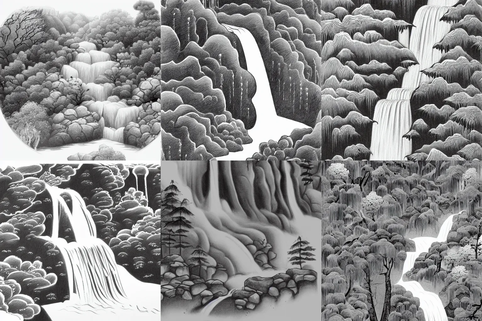 Prompt: an endless waterfall, detailed sumi-e illustration