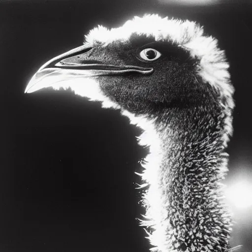 Image similar to black and white flash close - up photograph by weegee of an emu in times square.