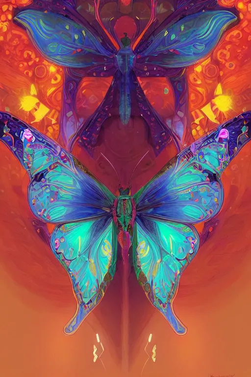 Prompt: portrait of colorful butterfly illustration, symmetrical, intricate, elegant, glowing lights, highly detailed, digital painting, artstation, sharp focus, illustration, art by wlop, mars ravelo and greg rutkowski