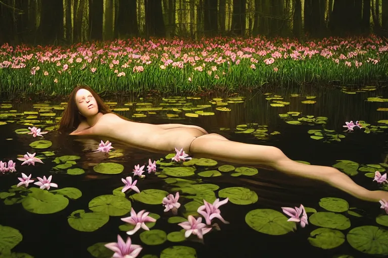 Prompt: hyperrealistic dark colour photograph of a woman's face floating in a pond, surrounded by a forrest of lillies, deep focus, intricate, elegant, highly detailed, matte, sharp focus, photography by bill henson