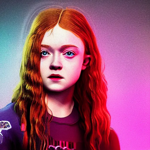 Image similar to Sadie Sink portrait, Cyberpunk 2077, ultra photorealistic, cybernetic body parts, neon, octane, bokeh, 8k