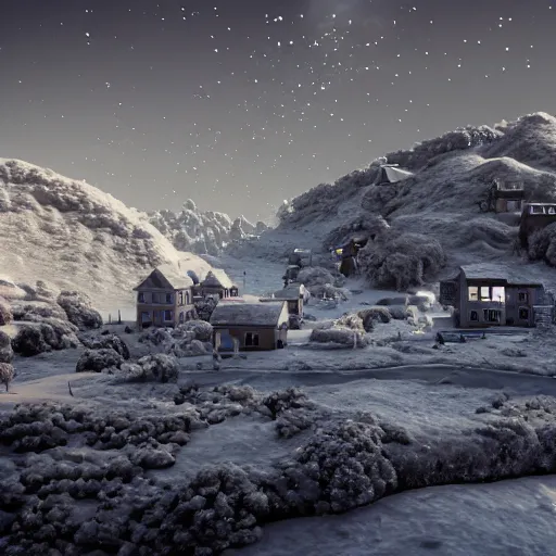 Image similar to a snowy village on the moon, 8 k, highly detailed, unreal engine render