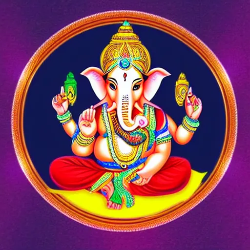 Prompt: Illustration of colorful hindu lord Ganesha on decorative background- Graphical poster modern art 3D, artstation, artgem, vector art