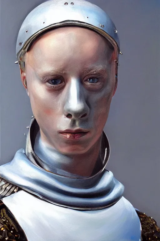 Image similar to hyperrealism oil painting, close - up portrait of albino medieval fashion model, knight, steel gradient mixed with nebula sky, in style of baroque