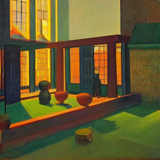 Image similar to fantastical old half - timber courtyard, grant wood, pj crook, edward hopper, oil on canvas