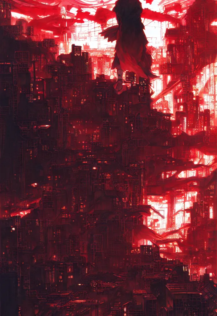 Image similar to tetsuo over neo - tokyo, red cape, akira | anime, matte painting, dystopian megacity neo - tokyo akira, shaded perfect, fine details. realistic shaded lighting anime manga artwork by katsuhiro otomo, akira, artgerm, jeremy lipkin and michael garmash and rob rey