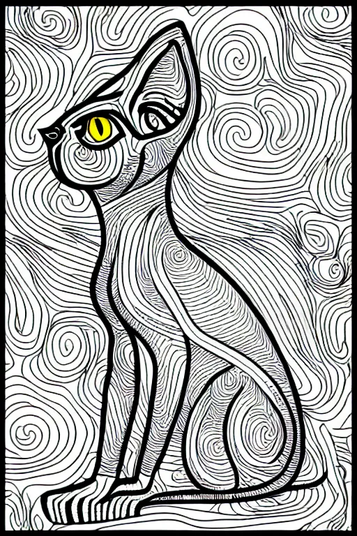 Image similar to sphynx cat statue ornaments fractal ink drawing line art colouring page, vector, margins, fine lines, centered