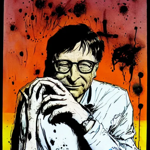 Image similar to bill gates holding a vaccine in his hand, horror, by Ralph Steadman