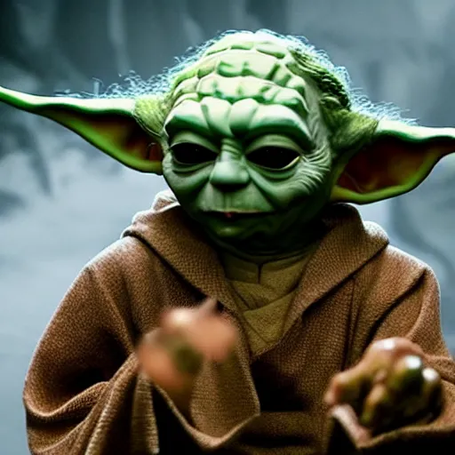 Image similar to stunning awe inspiring yoda as the joker, movie still 8 k hdr atmospheric lighting