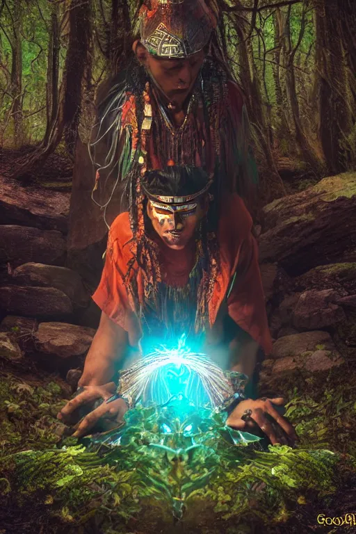 Prompt: photorealistic photo of an aztec sorcerer casting a powerful spell in a dark forest, ultra hd, hd, 4 k, highly detailed, small details, vaporwave colors, faded effect, 9 0 s vibe, detailed face, perfect face, realistic, national geographic cover,