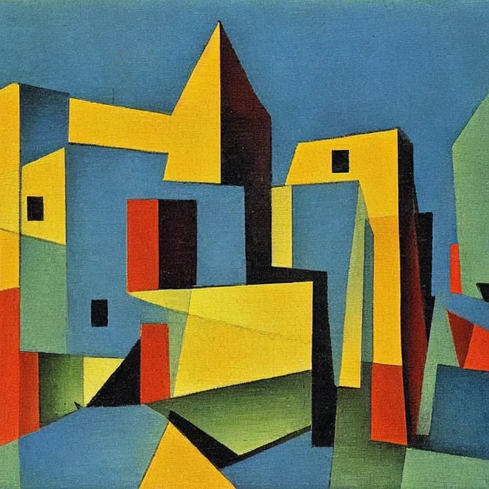 Image similar to a building in a serene landscape, cubism