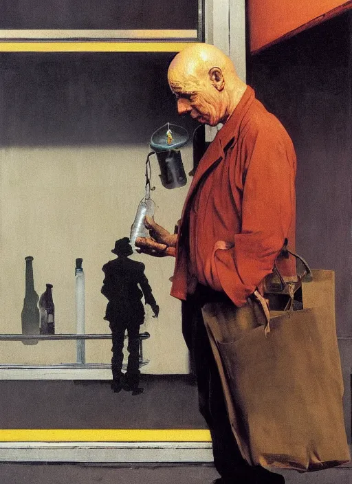 Prompt: dark figure with a bag at gas station with portable oxygen tank Edward Hopper, Norman Rockwell and Picasso, Francis Bacon and James Gilleard, Zdzislaw Beksinski, highly detailed