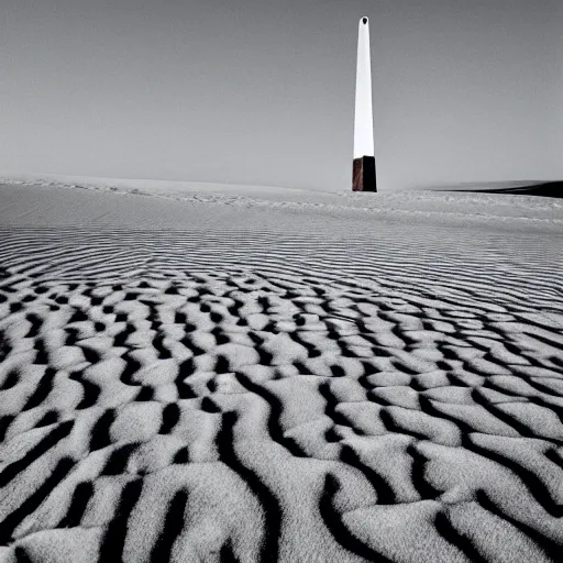 Image similar to a large sand dune with a large obelisk hovering in the middle of the sand dune. clear sky, grainy.