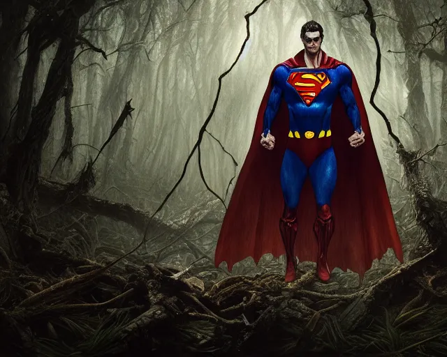 Prompt: 5 5 mm portrait photo of a demonic undead superman in a magical forest. magical atmosphere. art by greg rutkowski and luis royo. highly detailed 8 k. intricate. lifelike. soft light. nikon d 8 5 0.