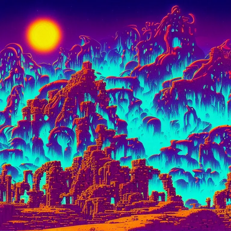 Prompt: epic shimmering ancient ruins in desert canyon valley night, haunted sky, infinite fractal waves, synthwave, bright neon colors, highly detailed, cinematic, eyvind earle, tim white, philippe druillet, roger dean, ernst haeckel, lisa frank, aubrey beardsley, kubrick, kimura, isono