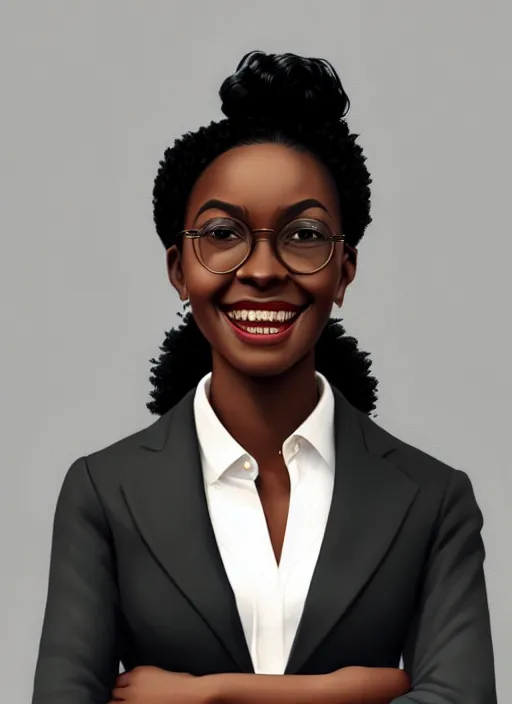 Image similar to full body portrait of young black woman with natural hair as a realtor, corporate skirt suit, intricate, beaming smile, angelic halo, highly detailed, digital painting, artstation, concept art, smooth, sharp focus, illustration, art by wlop, mars ravelo and greg rutkowski