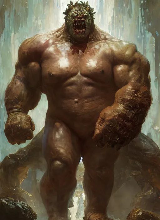 Image similar to huge hulking brute demon king wide shoulders, vascular hands, muscular arms, wearing cape sitting on throne in science fiction hall, by sergey kolesov and lawrence alma tadema and norman rockwell and greg staples and craig mullins and john berkey and ruan jia, artstation creature art