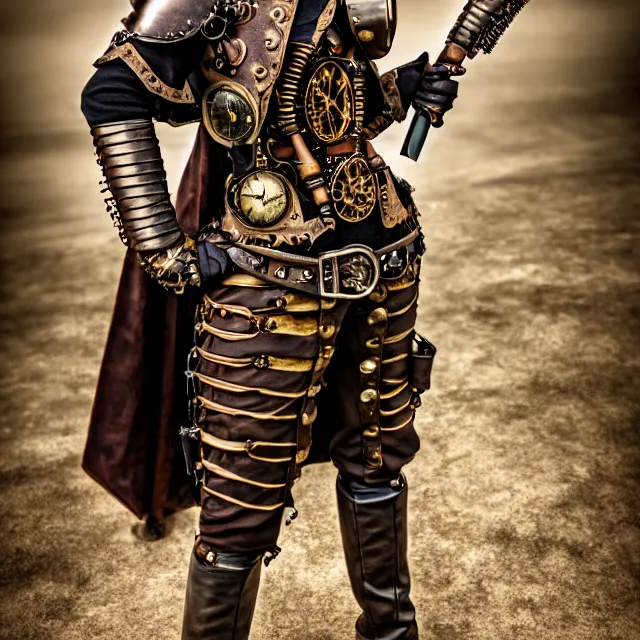 Image similar to full length photo of a steampunk warrior, 8 k, hdr, smooth, sharp focus, high resolution, award - winning photo