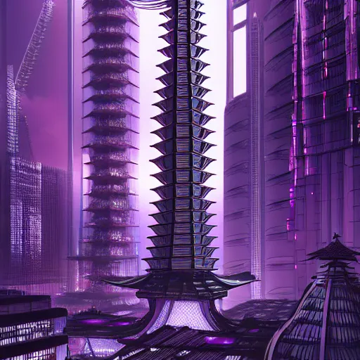 Image similar to Futuristic Pagoda Shrine in Tokyo megapolis in style of Tsutomu Nihei in purple and black tones. ArtStation, Cyberpunk, vertical symmetry, 8K, Highly Detailed, Intricate, Album Art.