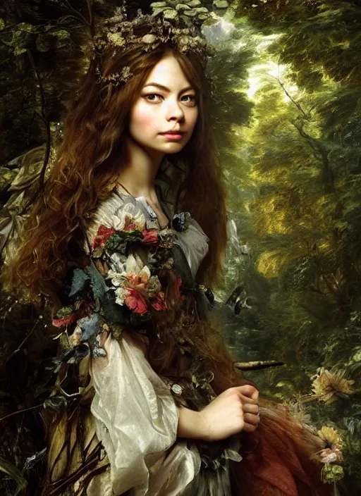 Image similar to Beautiful fairy teenager, Looks like Kristin Kreuk, In the woods, Dramatic, Edge, Good, Infused, Backlight, De-Noise, VFX, insanely detailed and intricate, hypermaximalist, elegant, ornate, hyper realistic, super detailed, by Anthony Van Dyck, by Ivan Shishkin, by John Constable