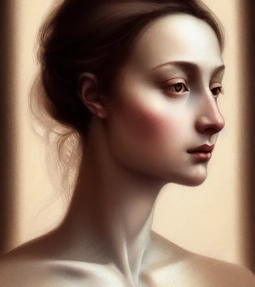 Prompt: portrait of a woman in heightened detail, poised, detailed facial expression, detailed surroundings, intricate, elegant, highly detailed, centered, digital painting, artstation, concept art, smooth, sharp focus, illustration, by ( leonardo da vinci ), wlop