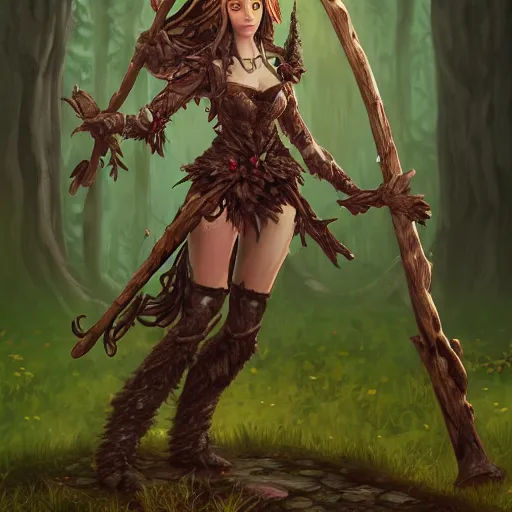Prompt: a dryad knight made of wood weilding a giant club, dnd in a dark forest, digital art, high quality render, artstation, 8 k, photograph quality, ultrahd, in the style of dungeons and dragons