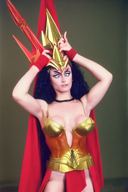 Image similar to she - ra, centerfold, full body, symmetrical features, color photo, 1 9 8 5 photograph, kodachrome, aged paper, sergio leone, master prime lenses, cinematic