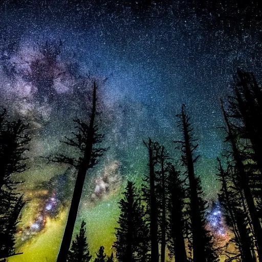 Prompt: silhouettes of pine trees in front of Milky Way galaxy, beautiful nature photography, Astrophotography, award winning