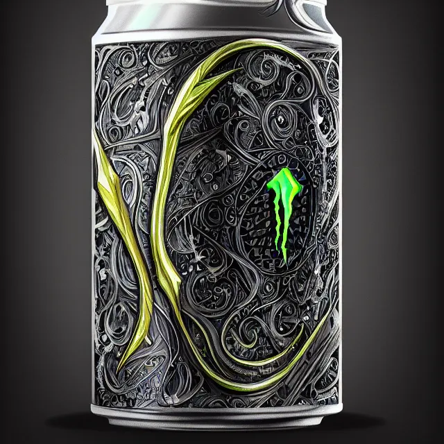 Image similar to aluminian can of monster energy drink, intricate and very very beautiful and elegant, highly detailed, digital painting, artstation, concept art, illustration