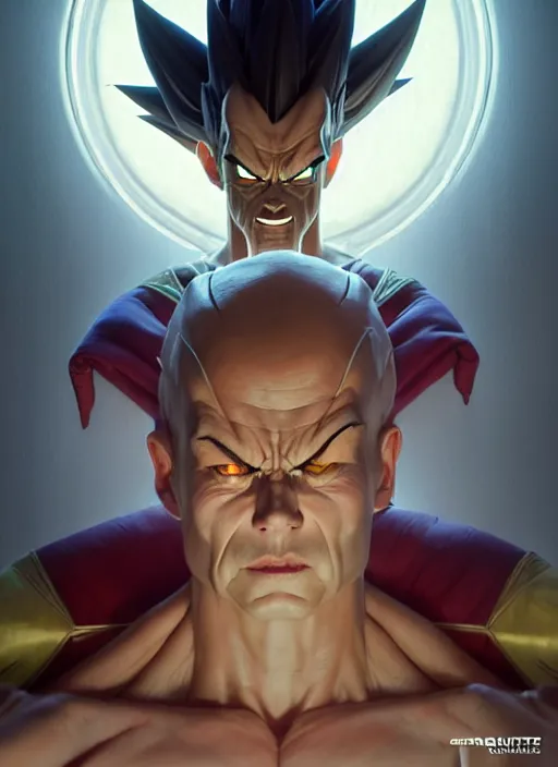 Prompt: by greg rutkowski, symmetry, concept art by artgerm, distance render portrait of a hyper realistic pixar vegeta, intense, epic, ssj, alphonse mucha, octane render, highly detailed, high quality, 8 k, soft lighting, path traced, and uang guangjian and gil elvgren, symmetry!!