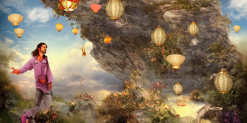 Image similar to wind deva enjoying the view from his stone heavenly palace, decorated with windchimes and paper lanterns, stunning nature and clouds in background, digital art