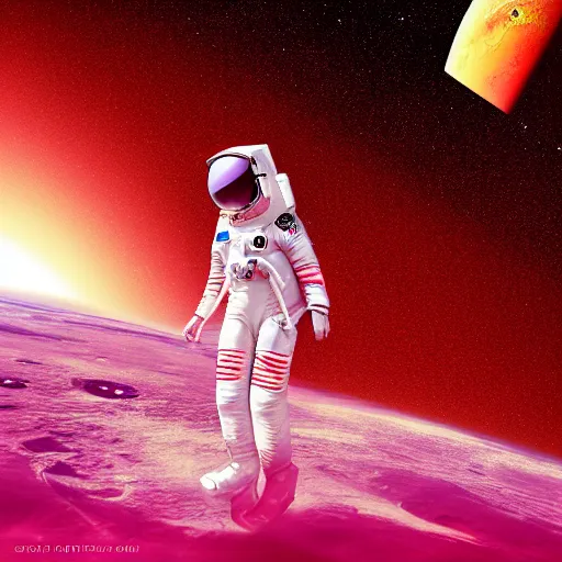 Image similar to A wide angle shot from below of a female astronaut with a feminine body walking with swagger towards camera on mars in an infinite universe , synthwave digital art