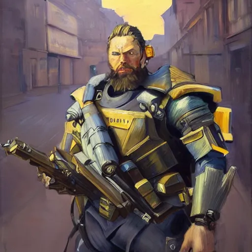 Image similar to greg manchess portrait painting of armored van gogh as overwatch character, medium shot, asymmetrical, profile picture, organic painting, sunny day, matte painting, bold shapes, hard edges, street art, trending on artstation, by huang guangjian, gil elvgren, ruan jia, randy vargas, greg rutkowski