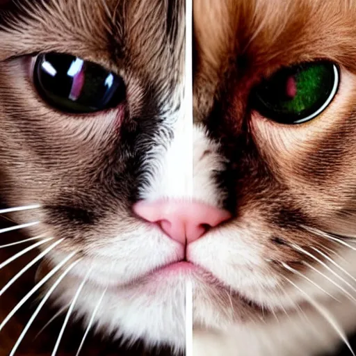 Prompt: top half of image is grumpy cat down to his nose, bottom half of image is a picture of person smiling from the nose down