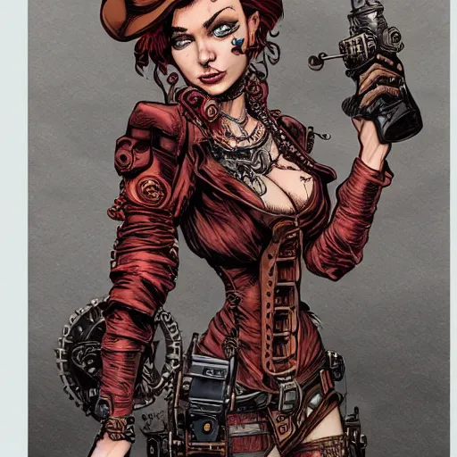 Image similar to Book steampunk red in the hands of a woman, Insanely detailed and intricate, hyper-realistic in the graphic style of Patrick Gleason, detailed art, trending on Artstation, sharp focus, comic art