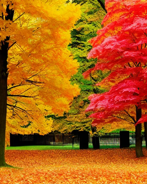 Image similar to Golden autumn, Spreads out Spreads out the leaves, Colorful leaves are lying on the ground, colorful autumn trees, red-yellow colors, autumn, vaporwave pastelwave