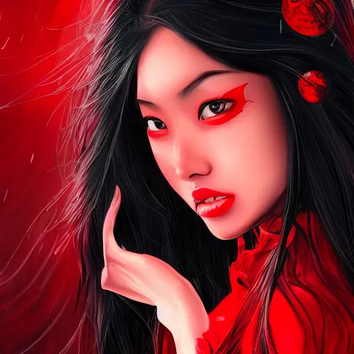 Prompt: stunning comic book style portrait painting of Long Black Haired asian woman wearing red dress, red eyes, in the style of WLOP, 8k masterpiece, cinematic lighting, pristine clean design, high fantasy, insanely detailed, atmospheric,