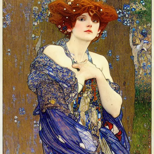 Prompt: The Blonde Girl in the Blue Dress by Gustav Klimt Alphonse Mucha Ayami Kojima and Arthur Rackham