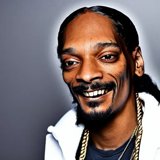 Image similar to Snoop Dog with big eyes eye color red , smiling and holding a joint in his hand