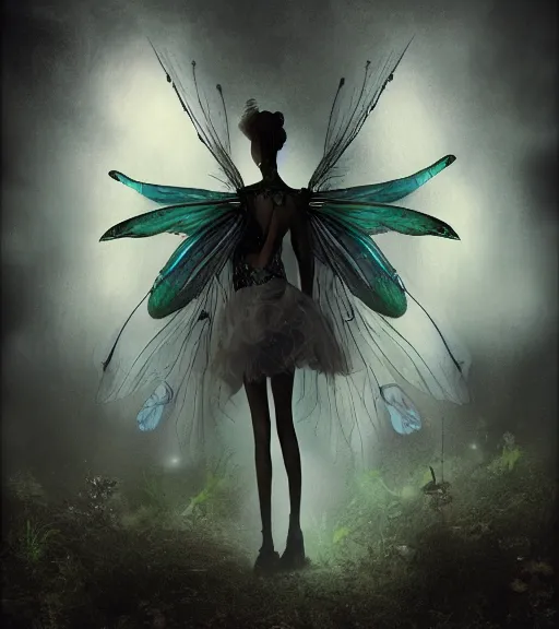 Prompt: gothic fairy with dragonfly wings, digital painting, liminal eerie midnight backlit, a picture taken by Michael Komarck and Daniel Ljunggren