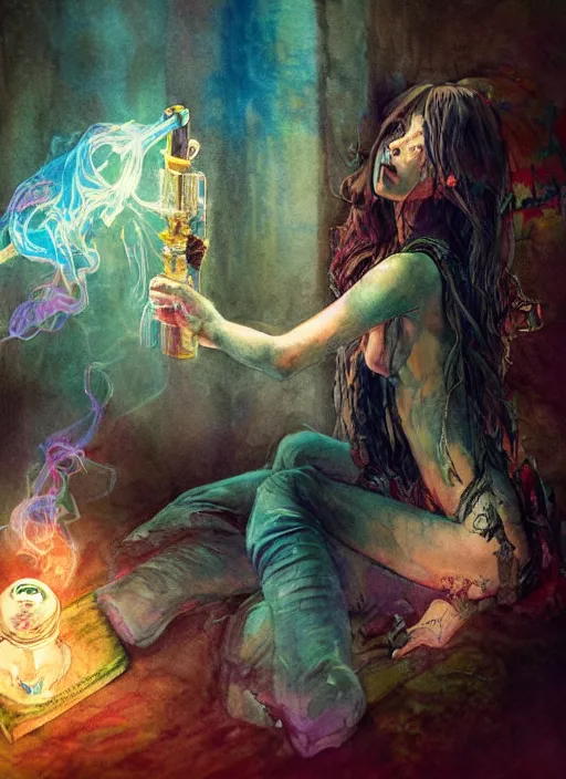 Image similar to portrait, beautiful Stoner hippy girl, sitting down, smoking a magical bong, watercolor, dramatic lighting, cinematic, establishing shot, extremely high detail, foto realistic, cinematic lighting, pen and ink, intricate line drawings, by Yoshitaka Amano, Ruan Jia, Kentaro Miura, Artgerm, post processed, concept art, artstation, matte painting, style by eddie mendoza, raphael lacoste, alex ross