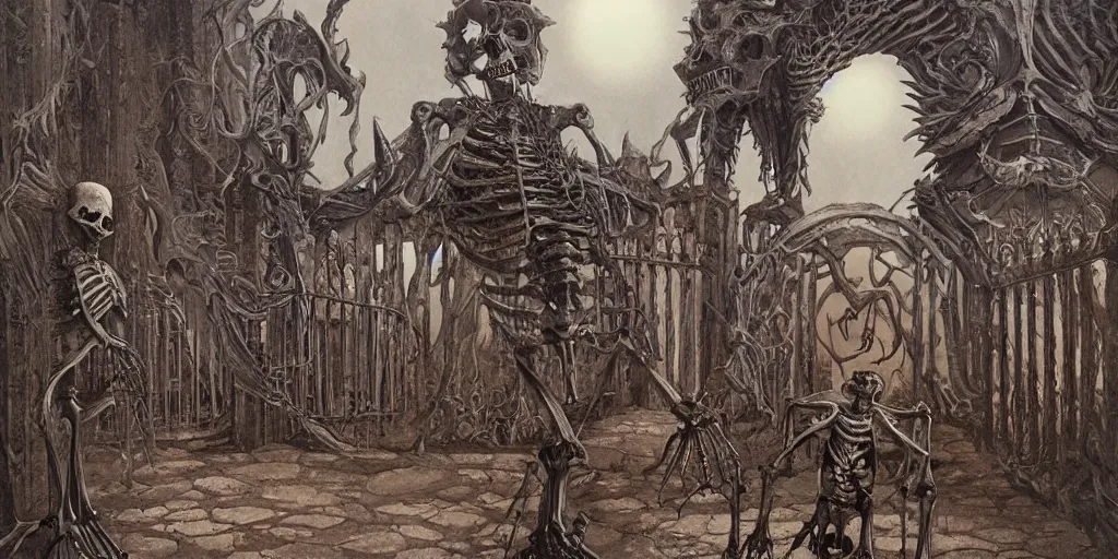 Prompt: Huge monster skeleton, in front of the temple, by Gerald Brom, Japanese Torii Gate